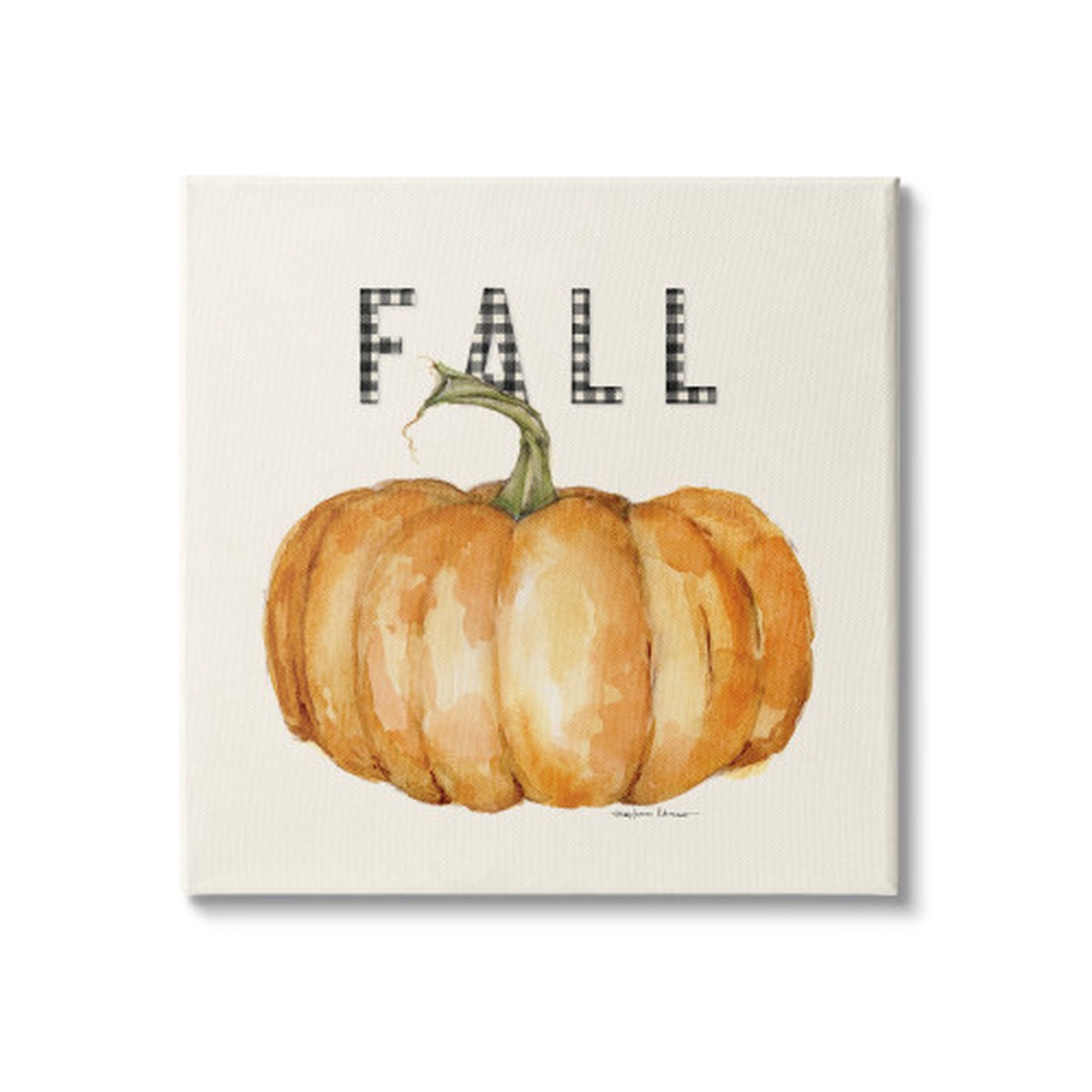 “Fall” Gingham Typography Pumpkin Stretched Canvas Wall Art, 36″ x 36″