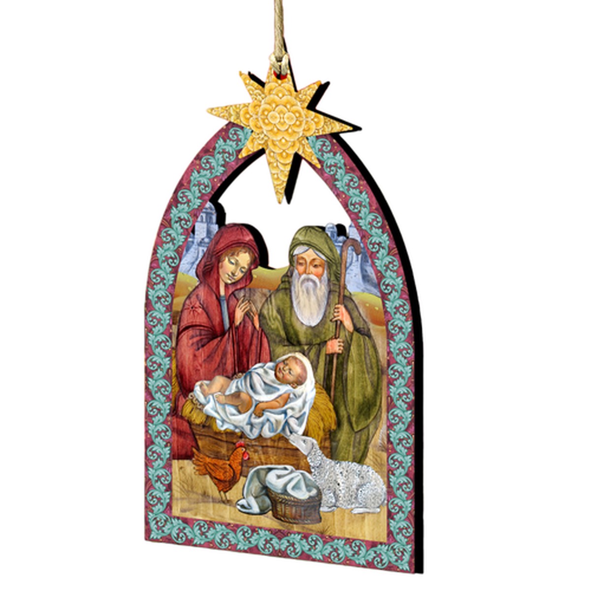 Set of 2 Birth Holy Cradle with Star Wooden Christmas Ornaments 5.5″