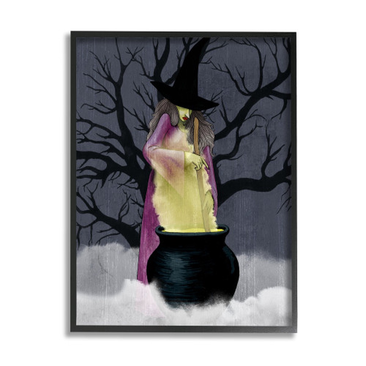 Witch Stirring Smokey Cauldron Spooky Halloween Black Framed Wall Art, 24 x 30