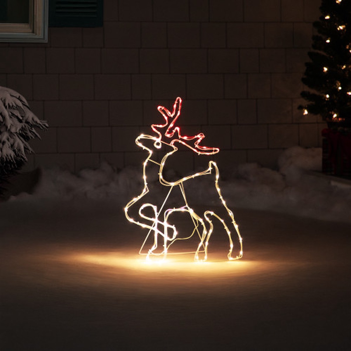 24″ LED Rope Lighted Reindeer Silhouette Outdoor Christmas Decoration – White and Red Lights