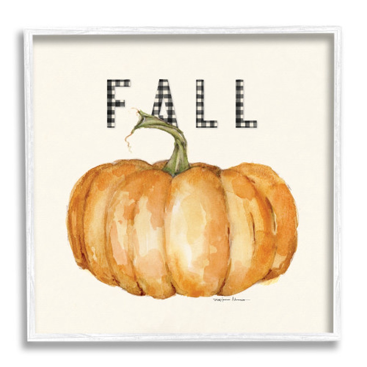 “Fall” Gingham Typography Pumpkin White Framed Giclee Texturized Art, 17″ x 17″