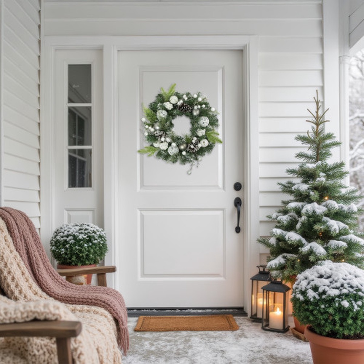 Green Pine Frosted Artificial Christmas Wreath with Laced Ornaments, 24-Inch, Unlit