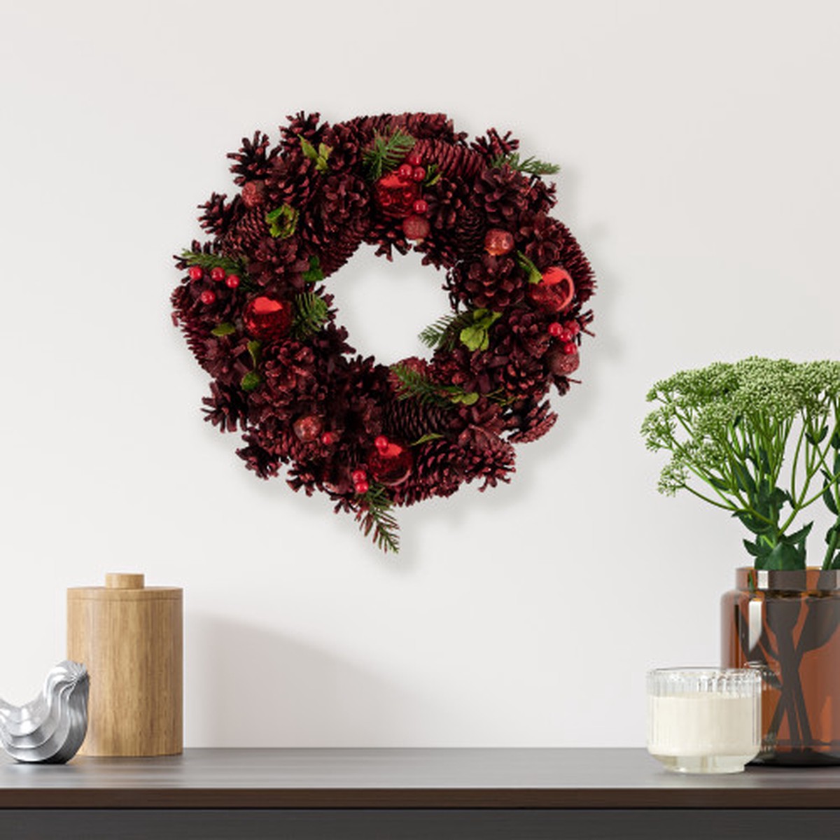13.5" Red Glittered Pinecones, Berries and Ornaments Small Christmas Wreath - Unlit