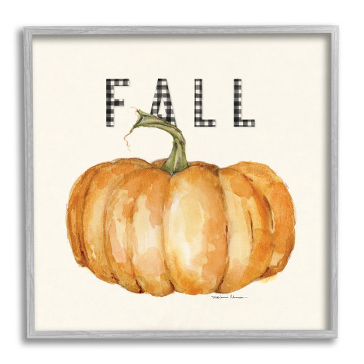“Fall” Gingham Typography Pumpkin Gray Framed Giclee Texturized Art, 12″ x 12″