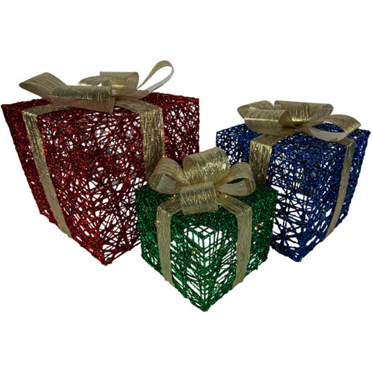 Set of 3 Lighted Red, Blue and Green Gift Boxes Christmas Decorations 9.75″