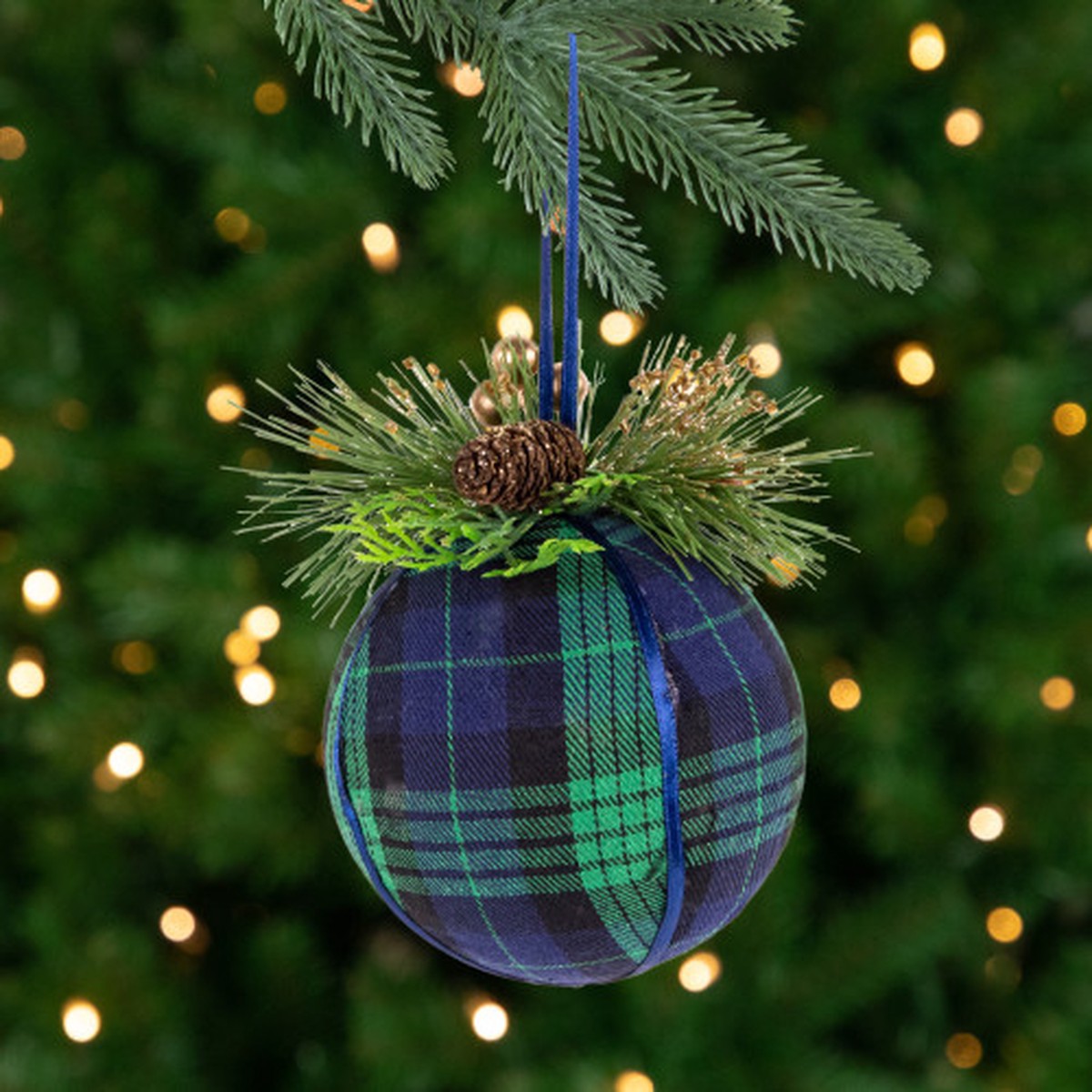 Tartan Plaid Pine Needle Christmas Ball Ornament – 4″ – Green and Blue