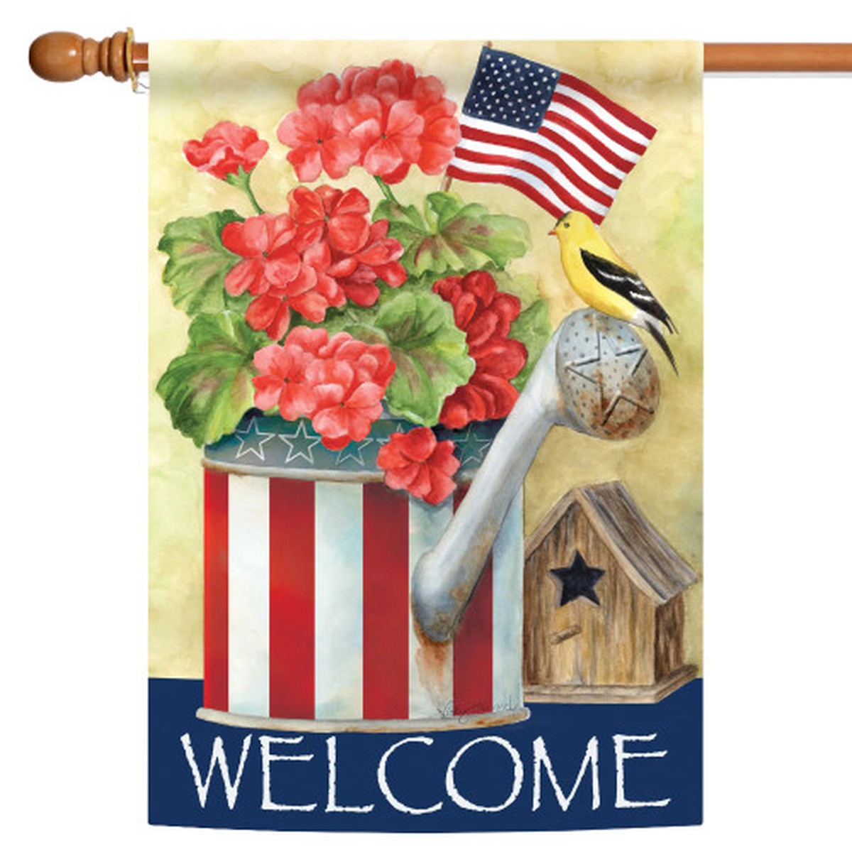 Watering Can and Birdhouse Patriotic Outdoor Flag – 40″ x 28″