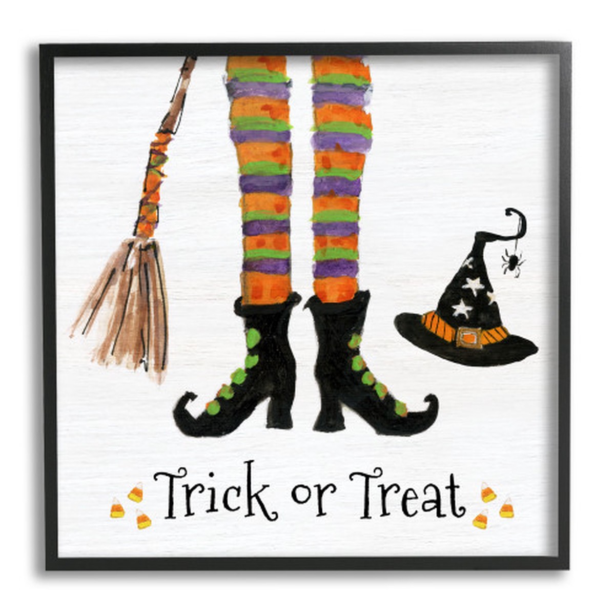Witch Socks and Boots “Trick or Treat” Halloween Framed Giclee Texturized Art, 12″ x 12″