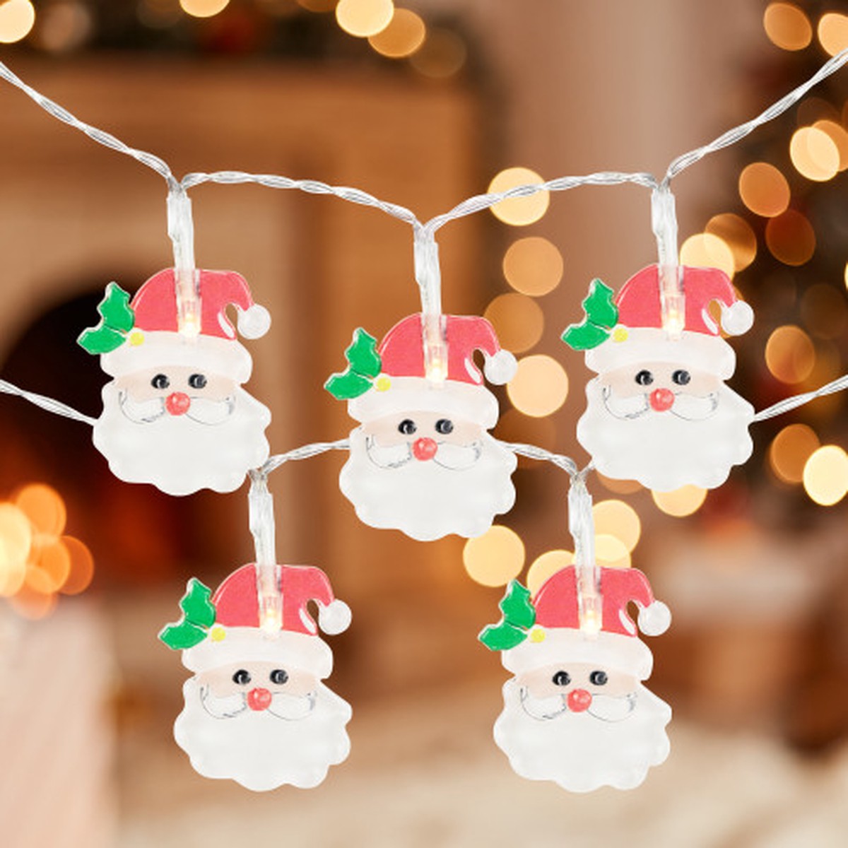LED Pure White Micro Santa Claus Christmas Light Set - 6" Spacing - Clear Wire - 10ct