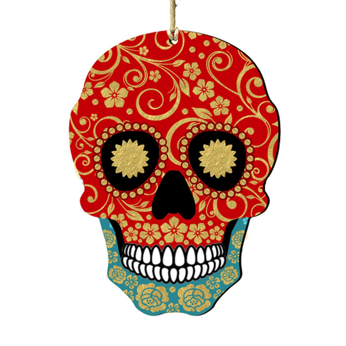 Set of 2 Day of the Dead Decorated Skull Wooden Ornaments 5.5″