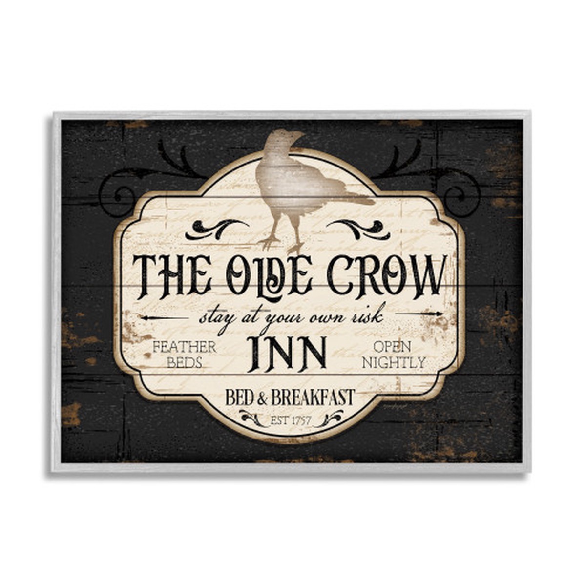 “The Olde Crow Inn” Halloween Sign Gray Framed Giclee Texturized Art, 24″ x 30″
