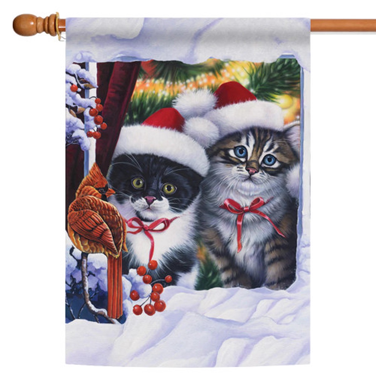 Winter Kittens and Cardinal Christmas Outdoor Flag – 40″ x 28″