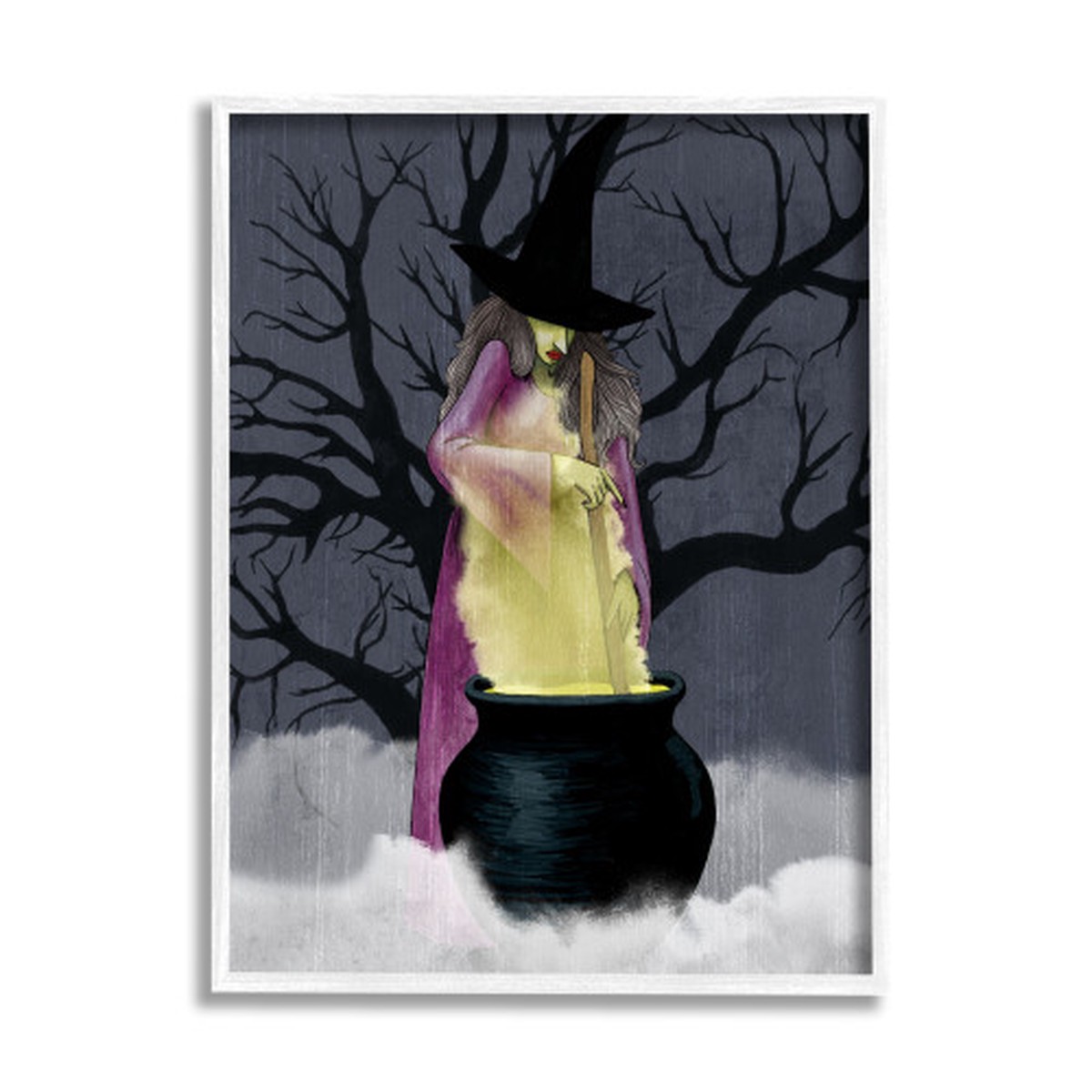 Witch Stirring Smokey Cauldron Spooky Halloween White Framed Wall Art, 16 x 20