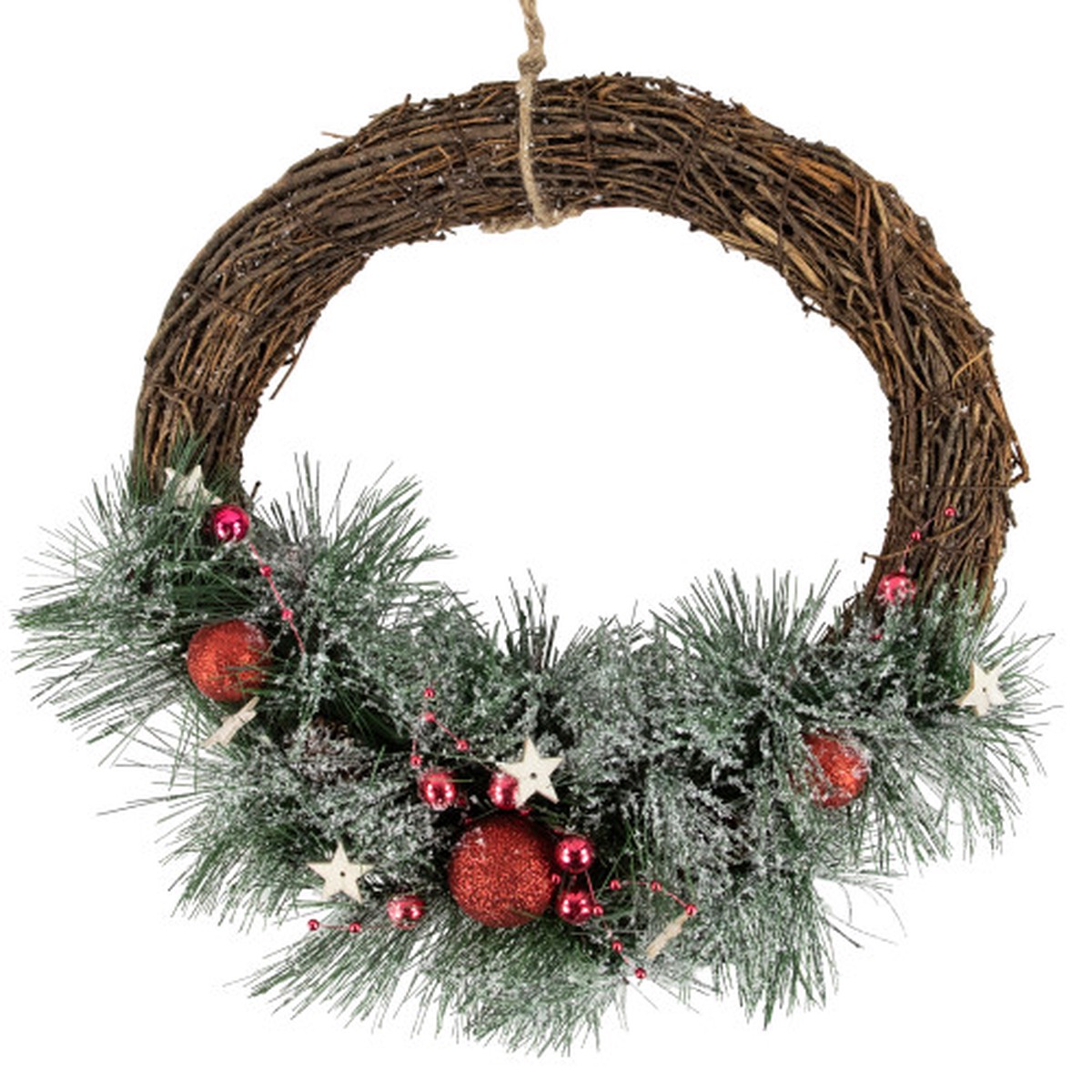 13.75″ Ornaments, Pine Needles and Stars Frosted Small Artificial Christmas Half Wreath – Unlit