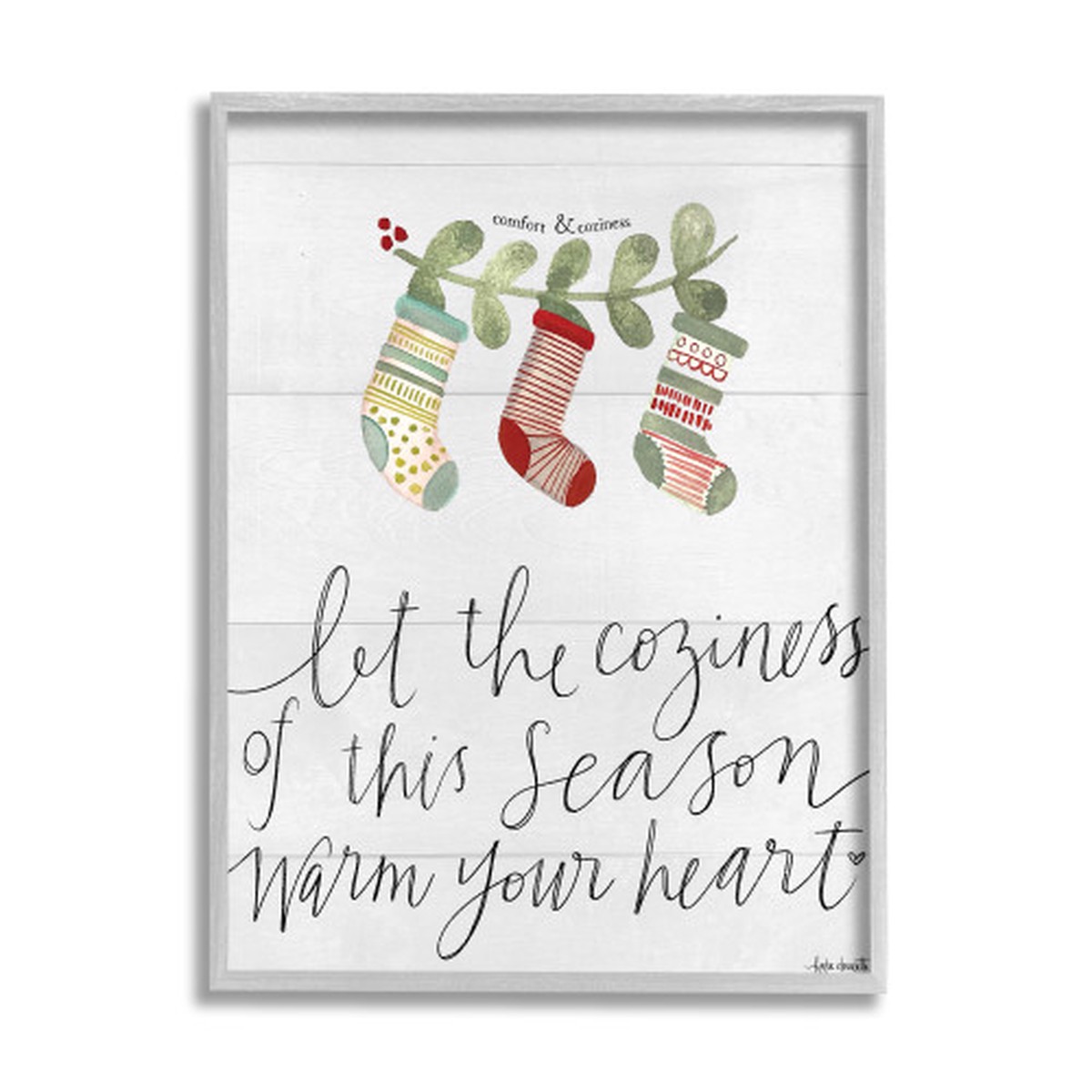 “Comfort and Coziness” Christmas Stockings Gray Framed Giclee Texturized Art, 16 x 20