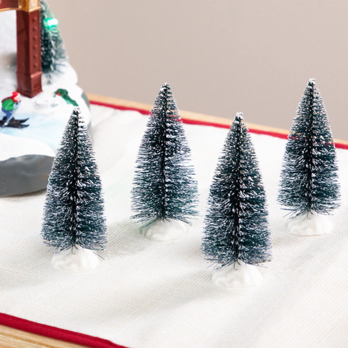 Frosted Mini Bottle Brush Pine Christmas Village Trees – 3″ – Set of 4