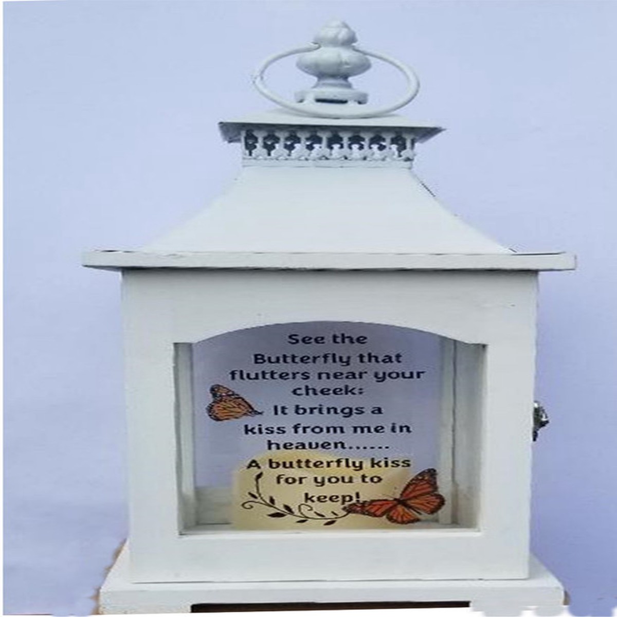 14.75″ White Butterfly Kiss Candle Lantern