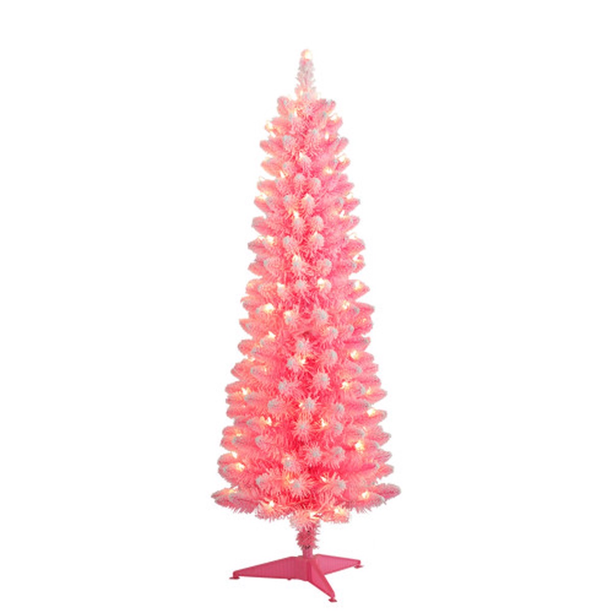 Pre-lit Flocked Pink Pencil Artificial Christmas Tree - 4.5 - Clear Lights