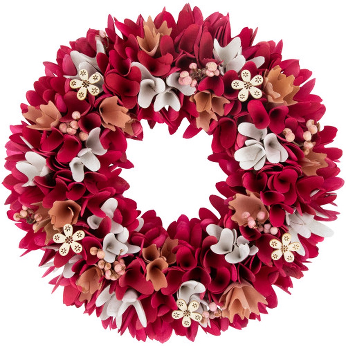 Wooden Floral Spring Wreath with Berries – 13″ – Fuchsia Pink and White