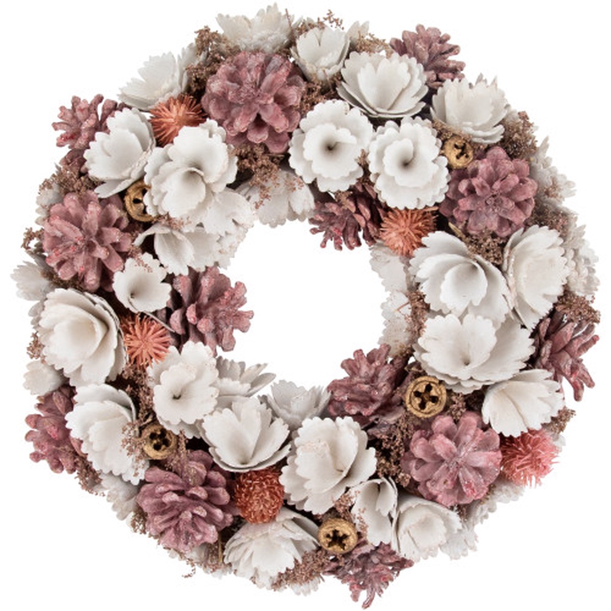 13″ White and Pink Wooden Floral Christmas Wreath with Pinecones
