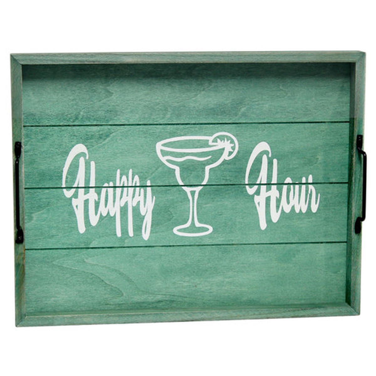 “Happy Hour” Rectangular Wooden Accent Tray with Handles – 15.5″ – Blue and White