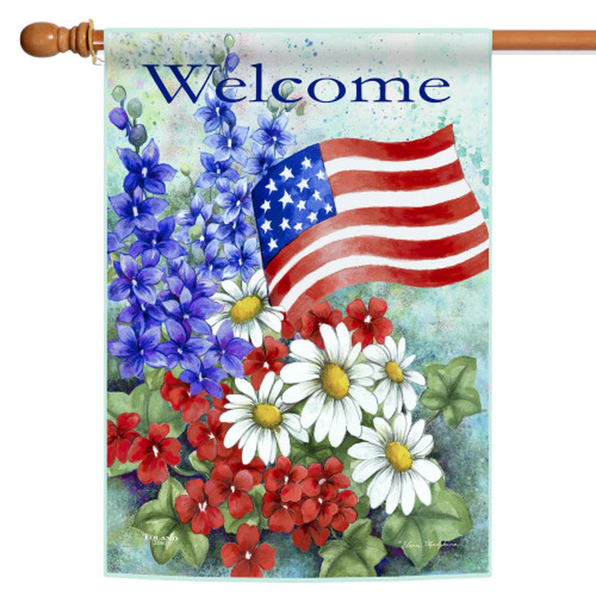 USA Flag Floral “Welcome” Patriotic Outdoor Flag – 40″ x 28″