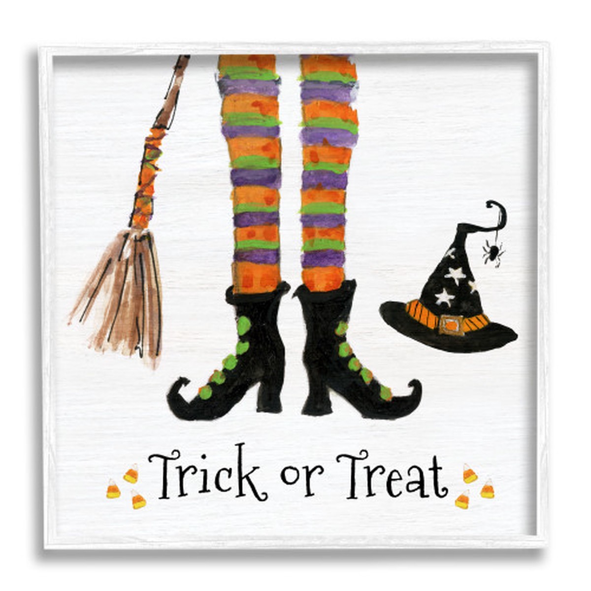 Whimsical Striped Witch Socks Trick or Treat White Framed Texturized Art, 12″ x 12″