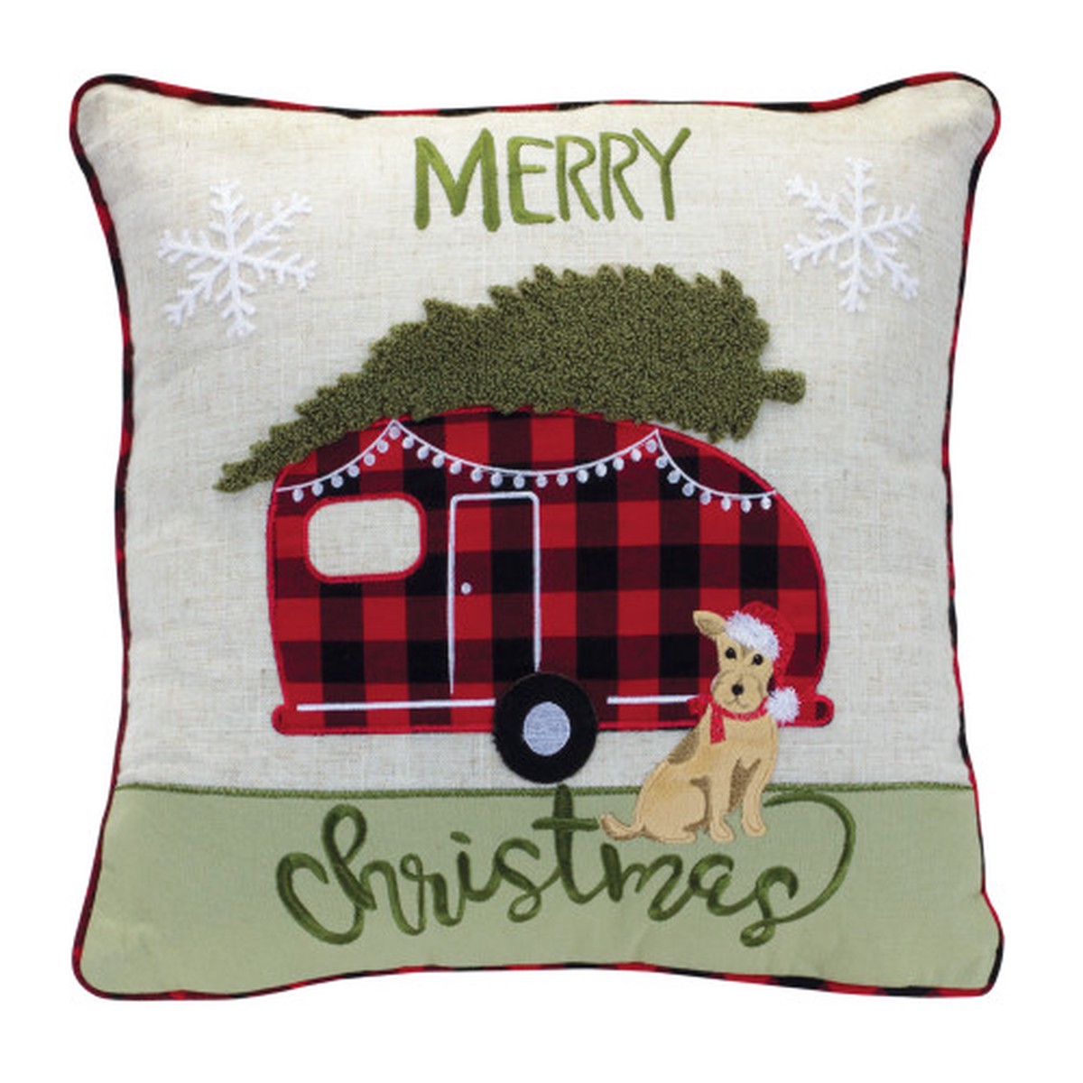 “Merry Christmas” Camper and Dog Throw Pillow – 15″ – Green and Red