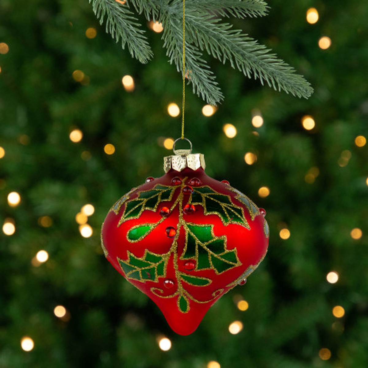 4.5" Red Glass Christmas Ornament with Holly Leaves