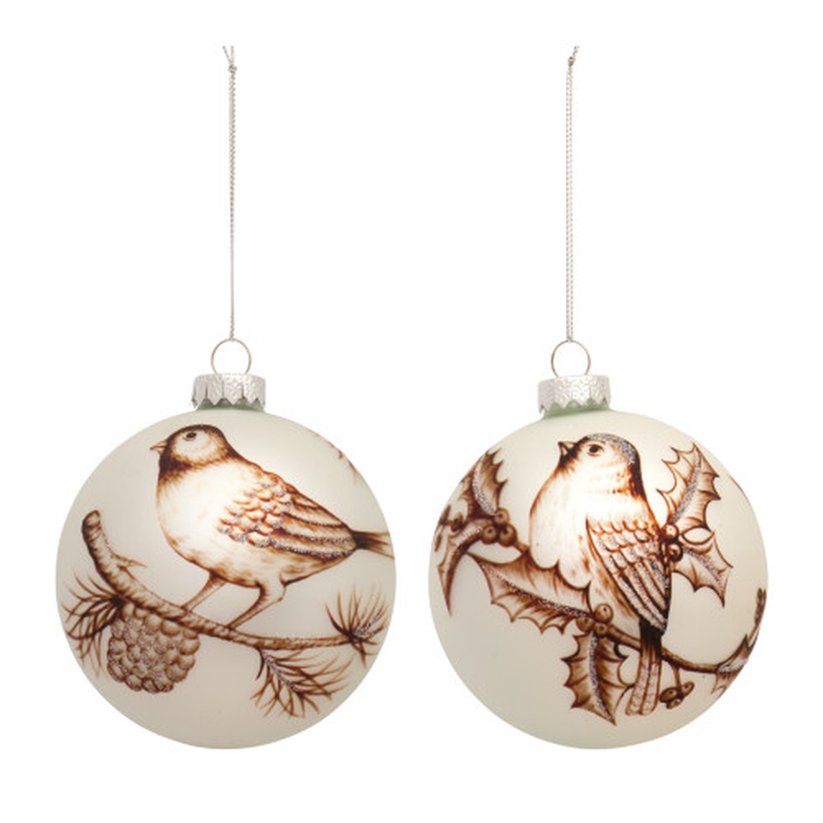 6ct White and Brown Bird Glass Christmas Ball Ornaments 5"