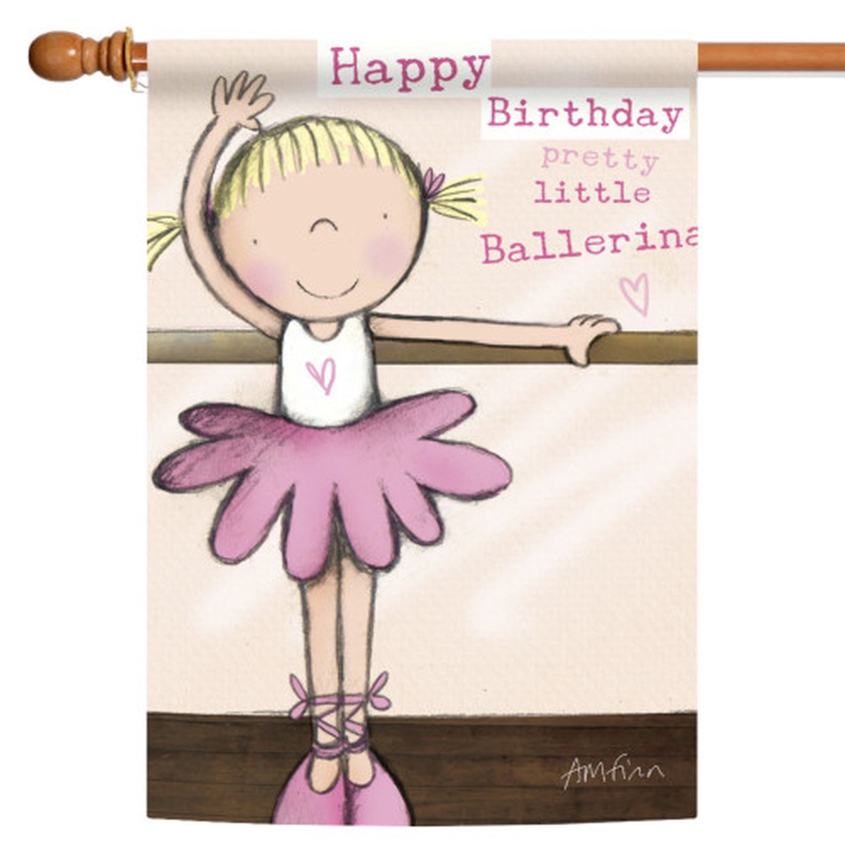 “Happy Birthday Pretty Little Ballerina” Outdoor Flag – 40″ x 28″ – Beige and Pink