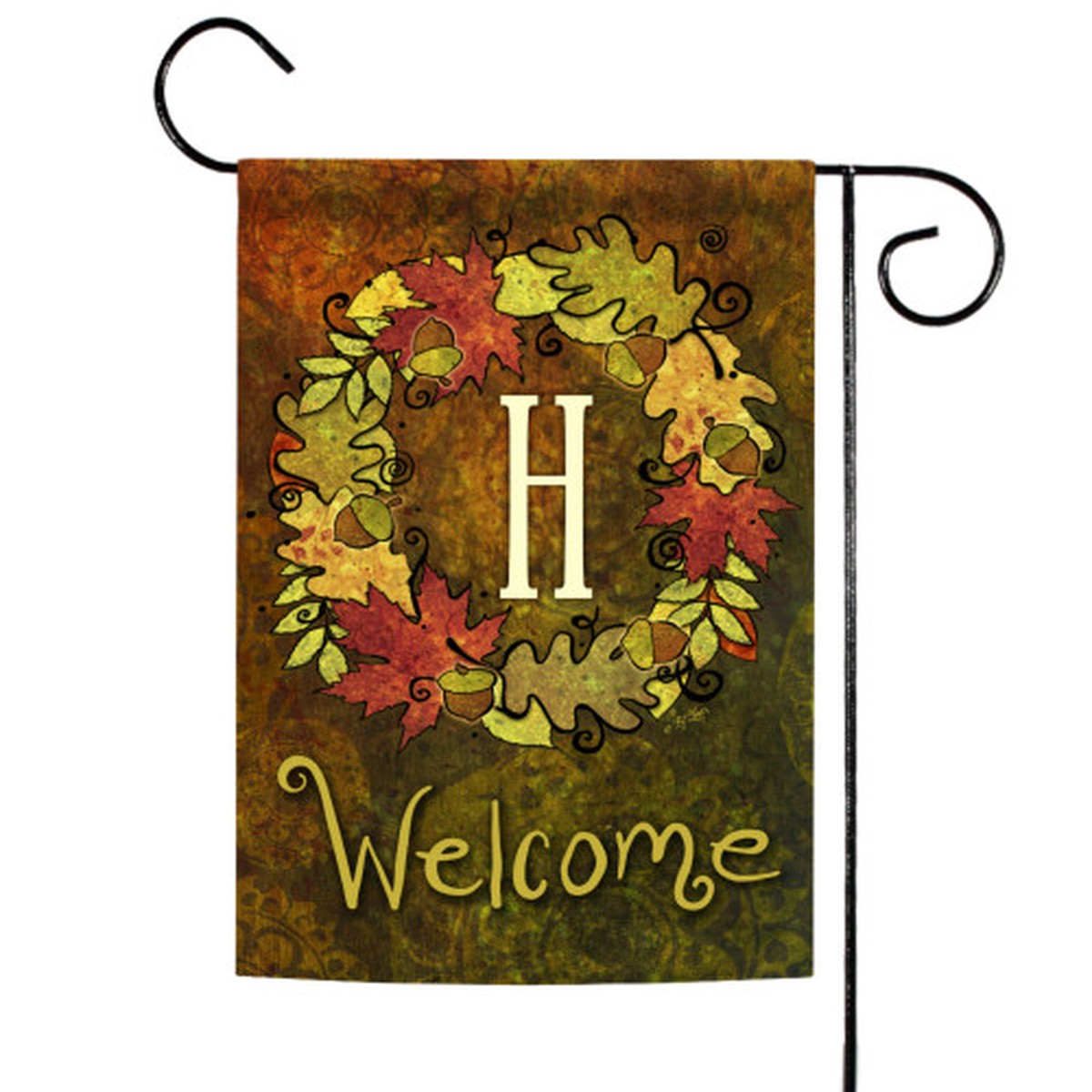 Yellow and Brown Fall Wreath Monogram H Outdoor Rectangular Mini Garden Flag 18″ x 12.5″