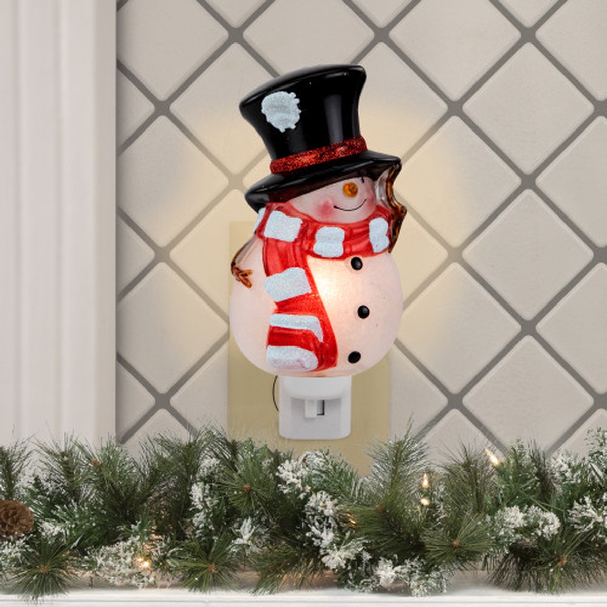 6.5" Peeking Snowman in Black Top Hat and Striped Scarf Christmas Night Light