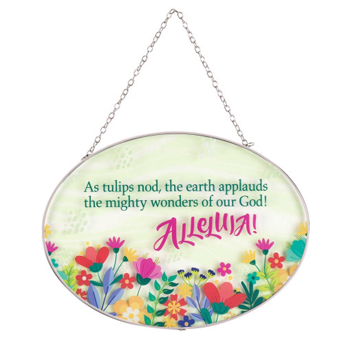 9″ Green and Pink As Tulips Nod Oval Window Suncatcher Decoration