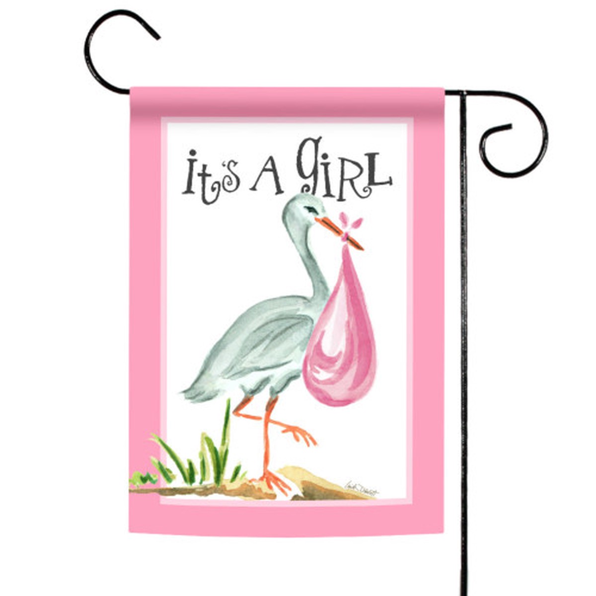 Stork “It’s a Girl” New Baby Outdoor Garden Flag – 18″ x 12.5″ – White and Pink