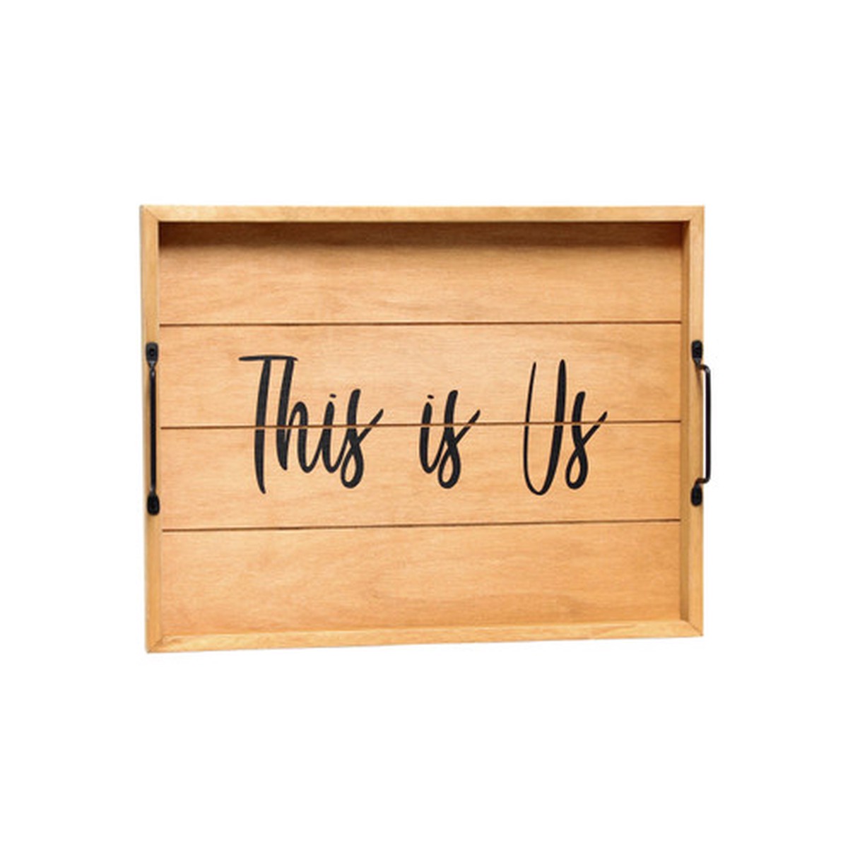 “This is Us” Rectangular Wooden Accent Tray with Handles – 15.5″ – Brown and Black