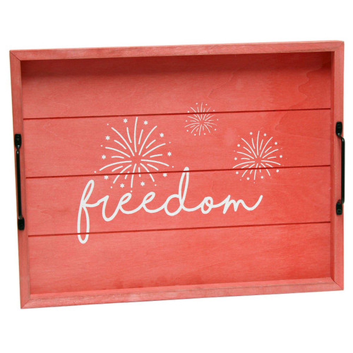 “Freedom” Rectangular Wooden Accent Tray with Handles – 15.5″ – Red and White