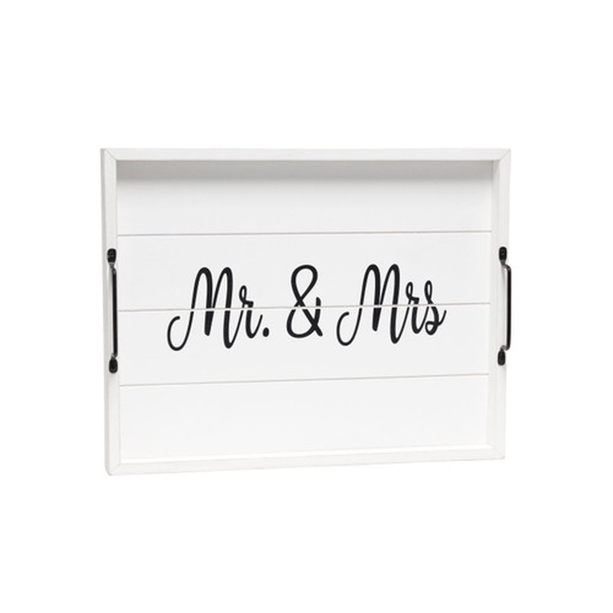 “Mr. & Mrs” Rectangular Wooden Accent Tray with Handles – 15.5″ – White and Black
