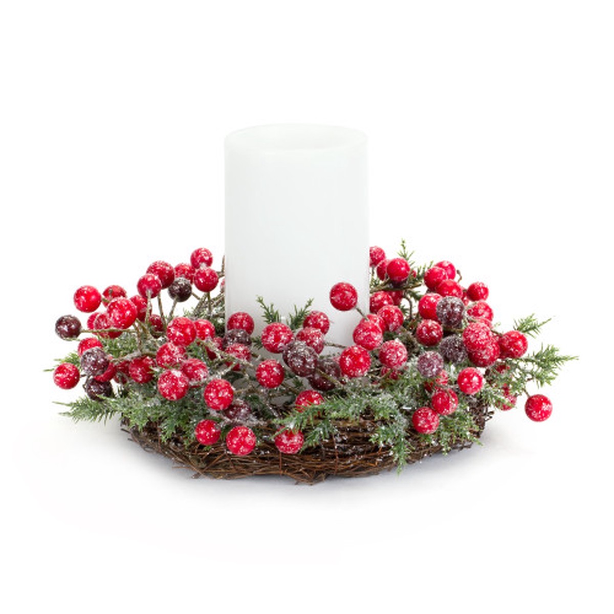 Set of 6 Pine and Berry Mini Wreath Christmas Candle Rings 10.5″