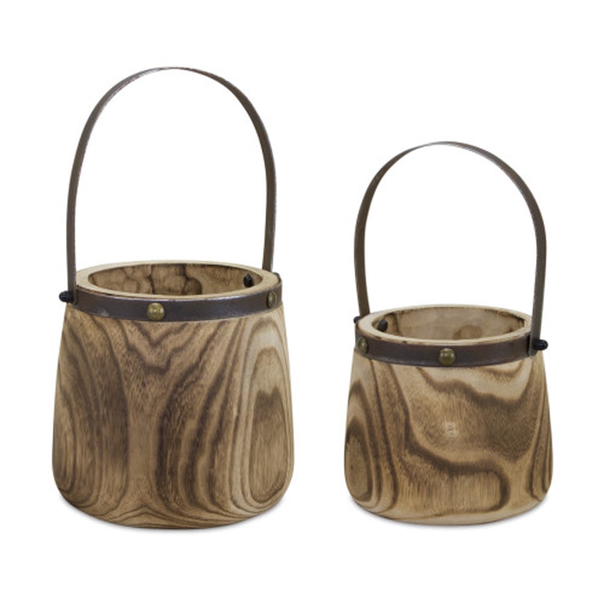 Wooden and Steel Metal Planters – 14″ – Brown and Gray – Set of 2