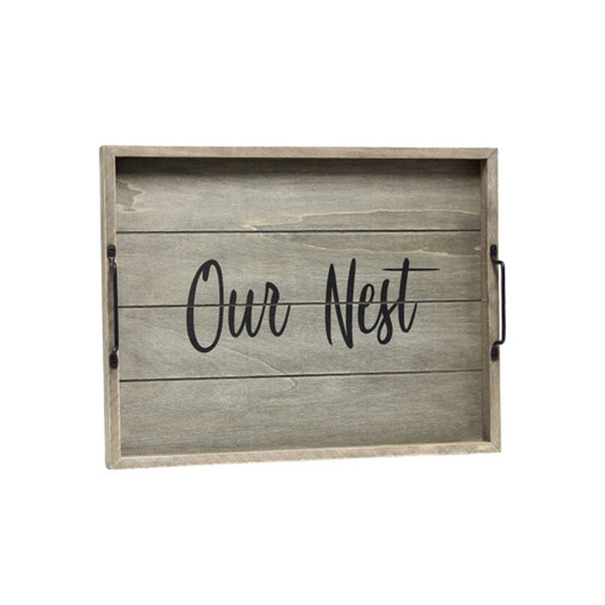 “Our Nest” Rectangular Wooden Accent Tray with Handles – 15.5″ – Gray and Black