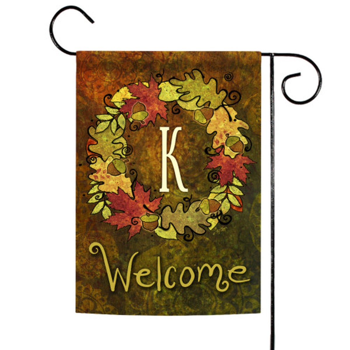 Yellow and Brown Fall Wreath Monogram K Outdoor Garden Flag 18″ x 12.5″