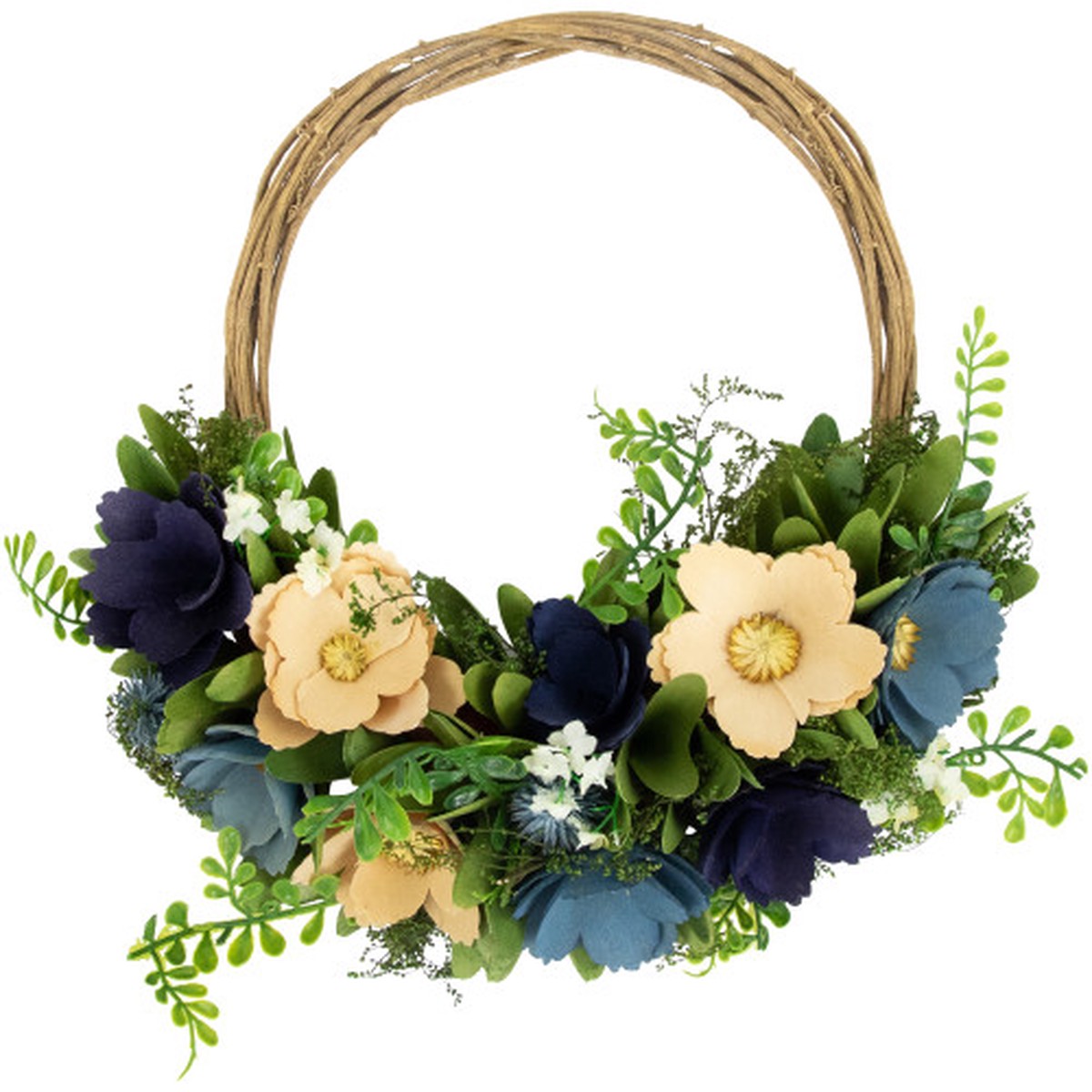 12″ Blue and Tan Poppy Floral Wooden Spring Basket Wreath
