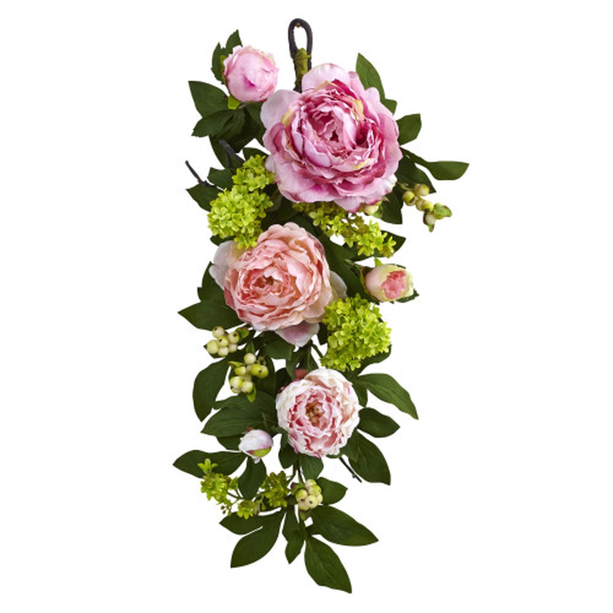 24" Peony and Hydrangea Artificial Spring Teardrop Swag, Unlit