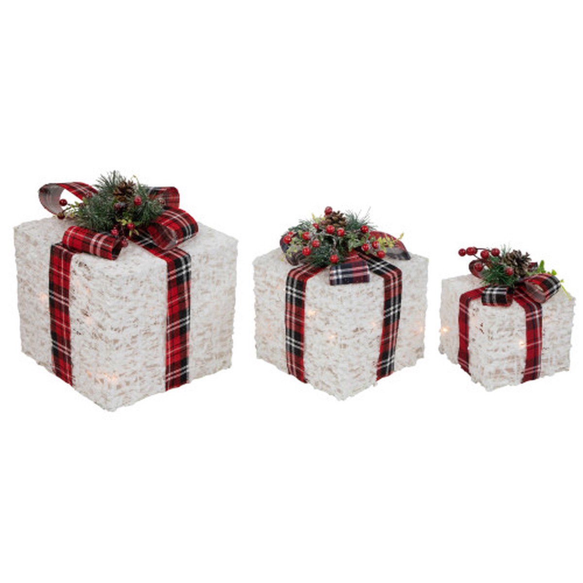 Lighted Textured and Plaid Gift Boxes Outdoor Decorations – Warm White – Set of 3