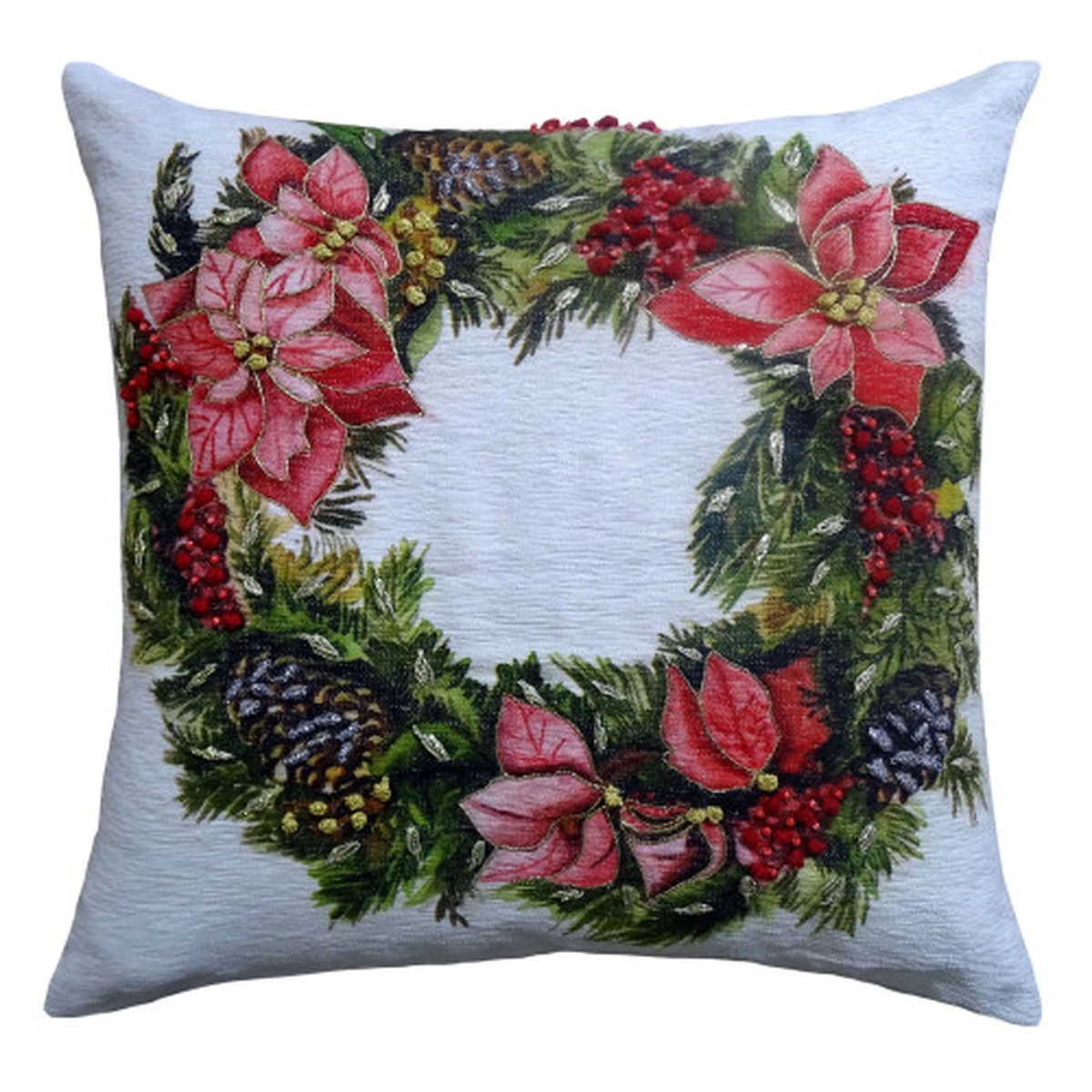 Wreath Christmas Square Throw Pillow – 20″ – White and Green