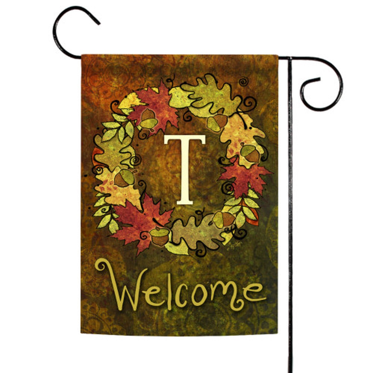 Yellow and Brown Fall Wreath Monogram T Outdoor Garden Flag 18″ x 12.5″