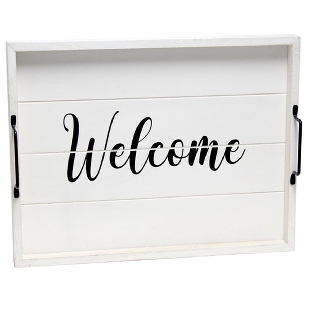 “Welcome” Rectangular Wooden Accent Tray with Handles – 15.5″ – White and Black