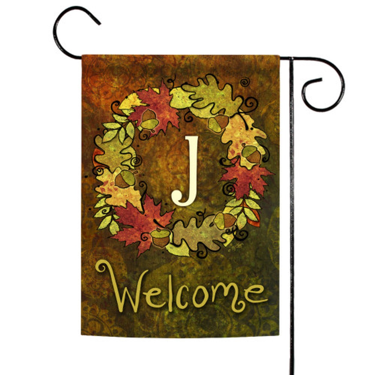 Yellow and Brown Fall Wreath Monogram J Outdoor Garden Flag 18″ x 12.5″
