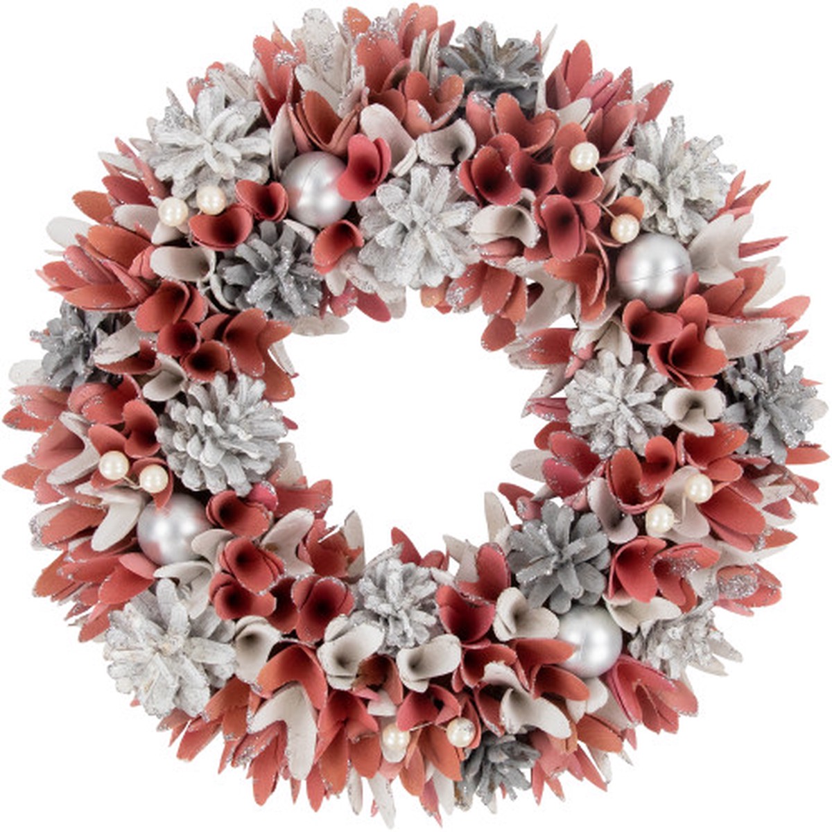 13″ Pink and White Wooden Floral Christmas Wreath with Pinecones